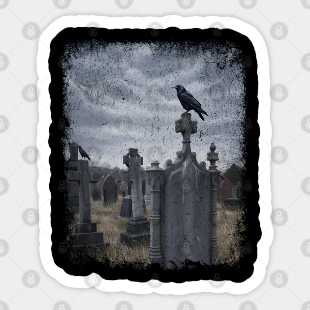 Crows Perch on Graves In The Cemetery, spooky design Sticker by Luxinda